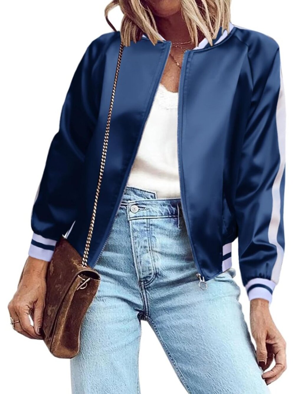 Women's Bomber Jacket Lightweight Zip Up Jacket Casual Striped Jacket Coat Outer